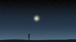Starry sky, field, boy holding a balloon in the form of the moon.